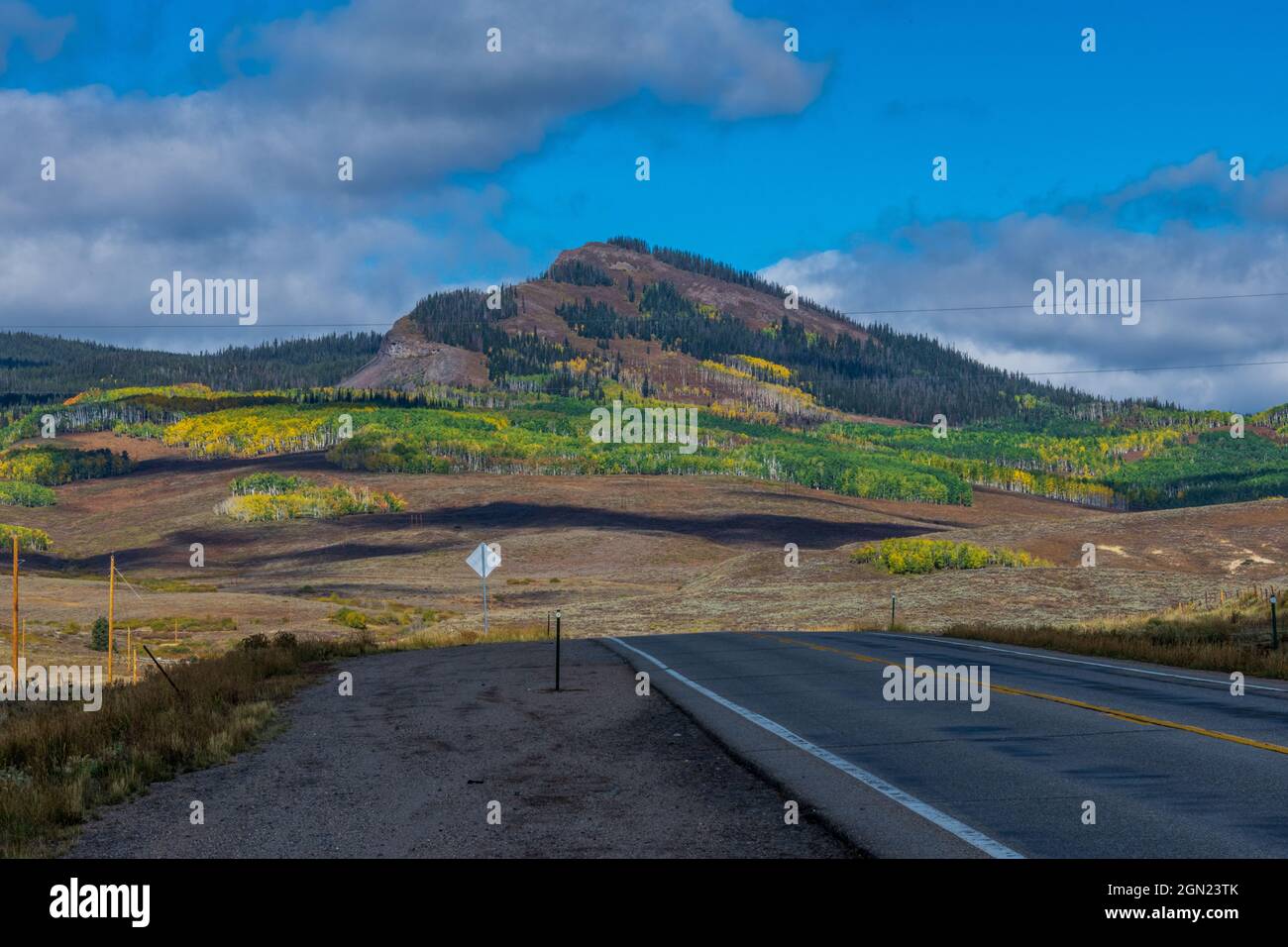 I colori giallo e arancio si alzano sulla strada 40 mentre si supera il passo delle orecchie di coniglio Foto Stock