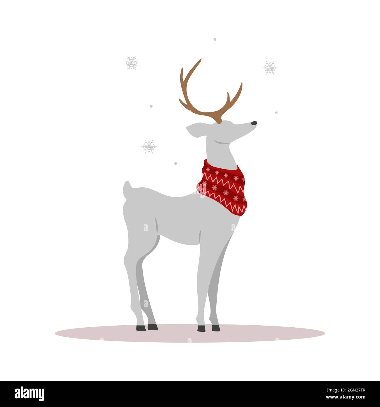 Renna di Natale in sciarpa. Cervo carino con formiche. Elemento di design invernale. Illustrazione vettoriale in stile cartoon piatto Illustrazione Vettoriale