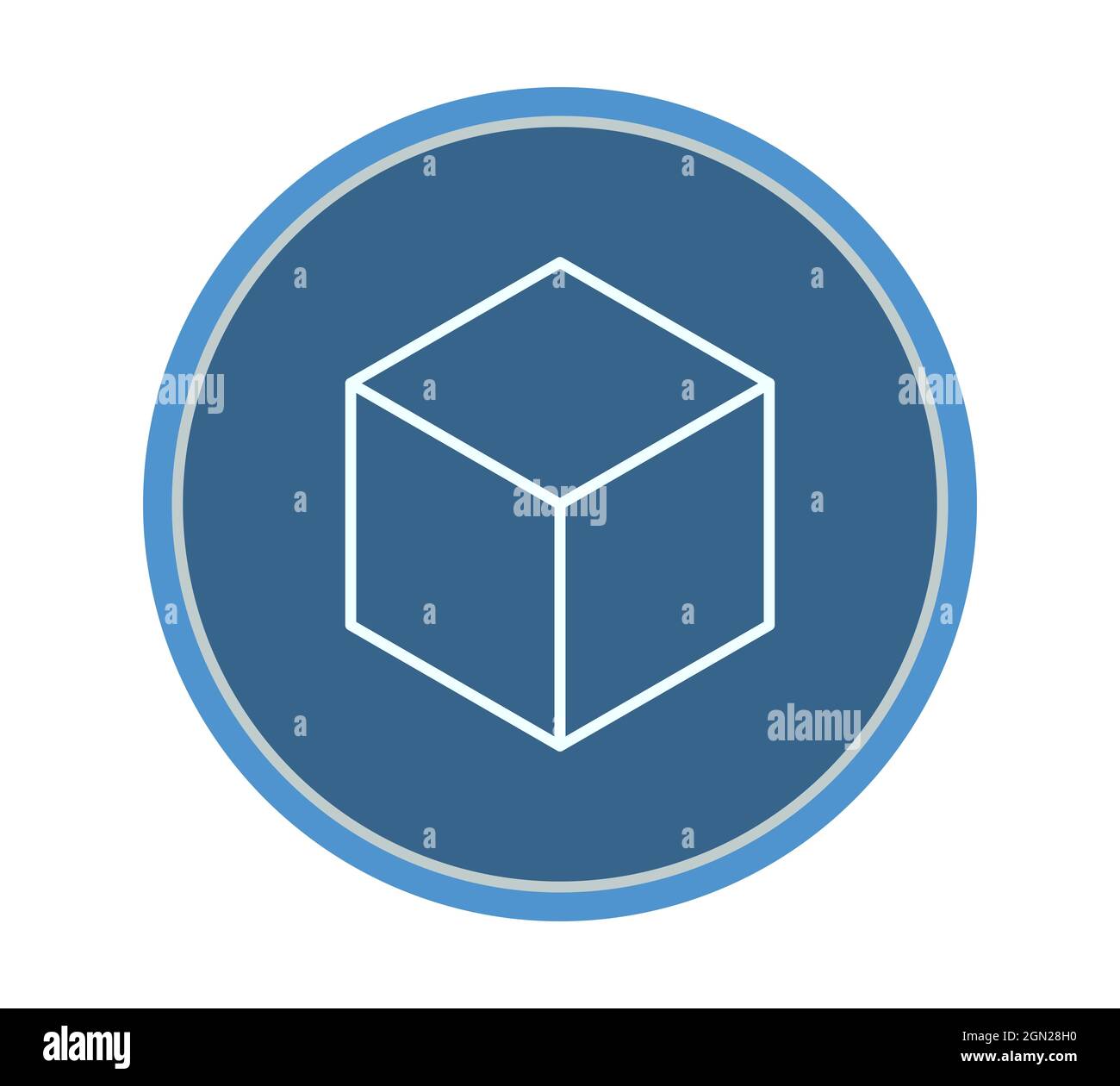 simbolo del cubo all'interno di un cerchio, illustrazione isolata in bianco Foto Stock