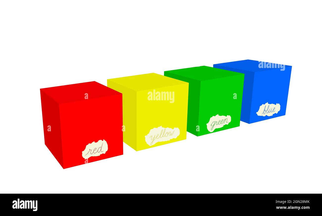 scopri i colori rosso, giallo, verde e blu. illustrazione di 3d cubi isolati su sfondo bianco Foto Stock