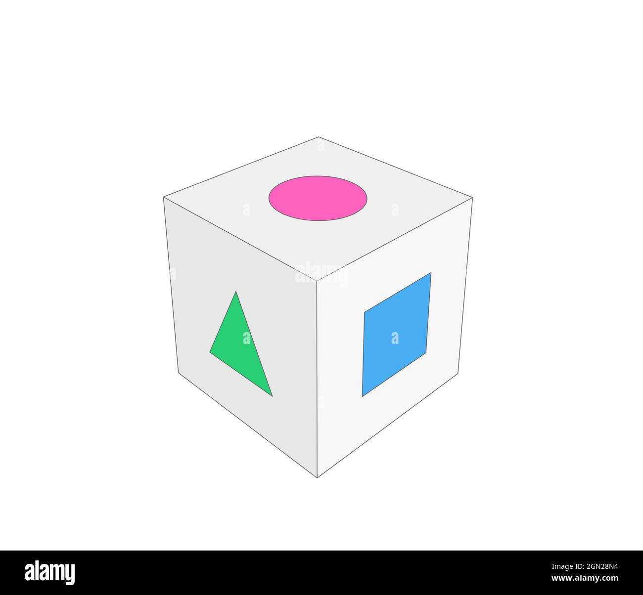 Illustrazione di un cubo 3d con forme di base come un cerchio, un quadrato e un triangolo incisi sulle facce Foto Stock
