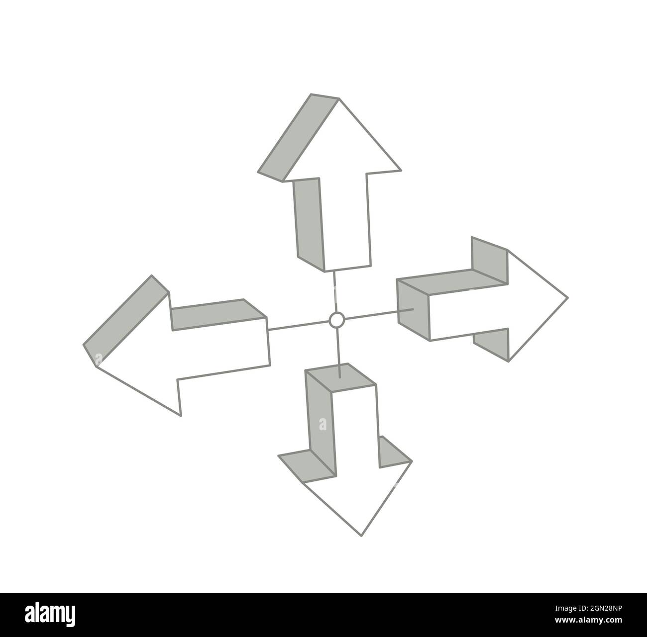 frecce in quattro direzioni, illustrazione 3d isolata su bianco, colore grigio Foto Stock