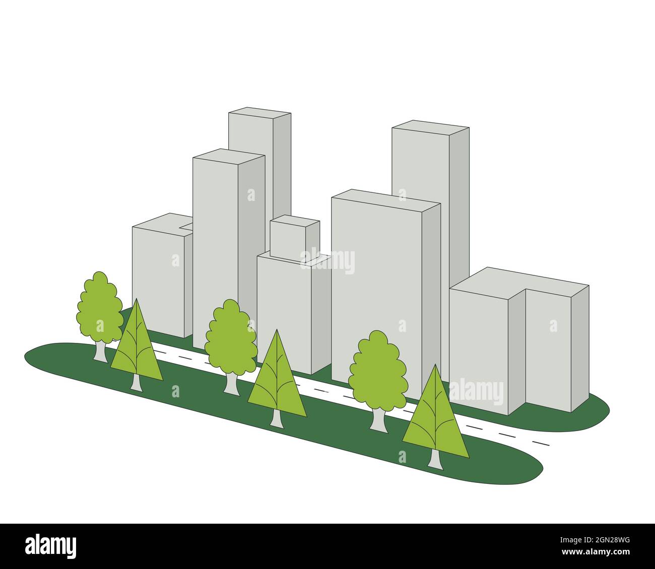 un blocco di edifici e alberi in 3d, illustrazione isolata su sfondo bianco. vista prospettica Foto Stock
