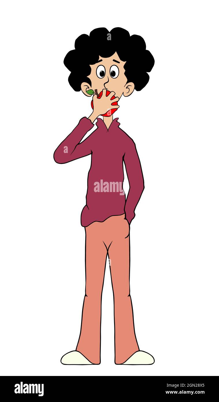 Uomo che mangia una mela, divertente personaggio cartone animato di un giovane uomo in piedi con capelli neri ondulati e indossando un maglione dolcevita. Illustrazione Foto Stock