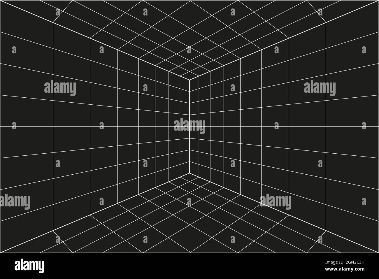 Angolo della camera nera con prospettiva a griglia. Sfondo a reticolo grigio. Modello di tecnologia Digital cyber box. Modello architettonico astratto vettoriale Illustrazione Vettoriale