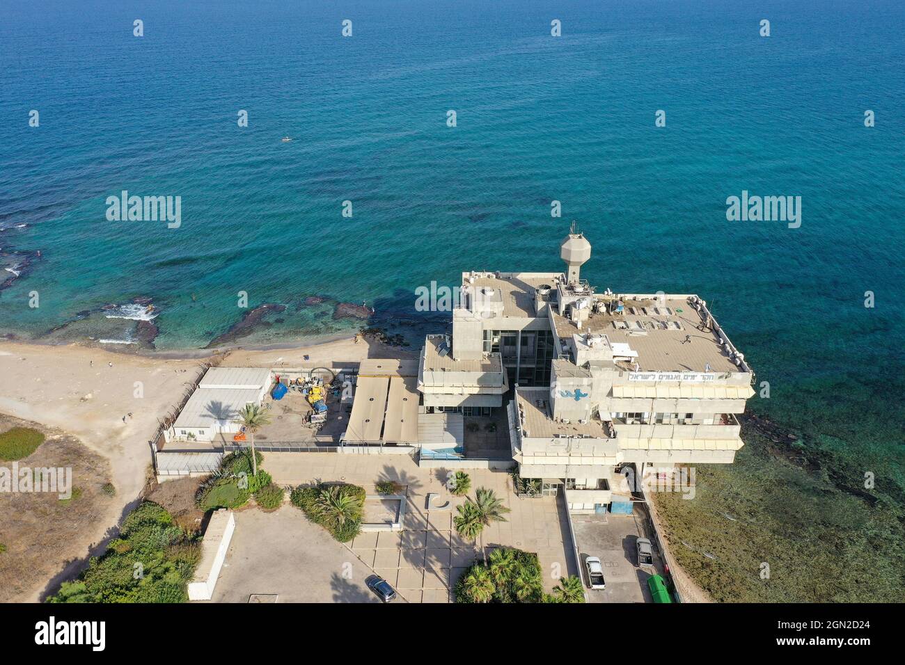 Istituto Nazionale di Oceanografia edificio a Tel Shikmona, Haifa, vista aerea. Foto Stock