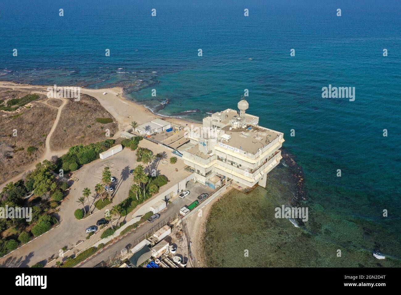 Istituto Nazionale di Oceanografia edificio a Tel Shikmona, Haifa, vista aerea. Foto Stock
