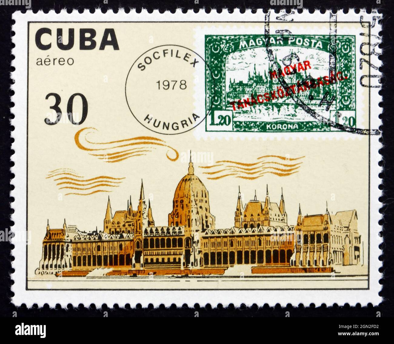 CUBA - CIRCA 1978: Un francobollo stampato a Cuba mostra il Parlamento, l'Ungheria, Budapest, circa 1978 Foto Stock