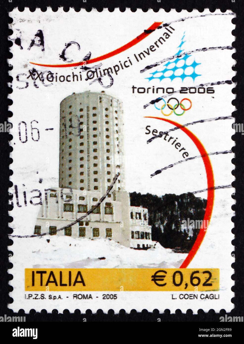 ITALIA - CIRCA 2005: Un francobollo stampato in Italia mostra Sestriere, 2006 Winter Olympic, Torino, circa 2005 Foto Stock
