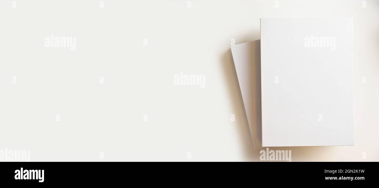 Copertina dei libri vuoti per il montaggio del banner e spazio di copia per la visualizzazione del testo su sfondo bianco. Vista dall'alto Foto Stock