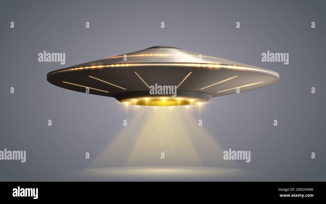 Navicella spaziale UFO con fascio di luce isolato su sfondo trasparente. Illustrazione vettoriale Illustrazione Vettoriale
