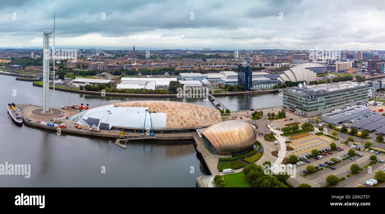 Glasgow, 20 settembre 2021. Viste aeree del sito della conferenza internazionale sul cambiamento climatico COP26 e del vertice che si terrà a Glasgow Foto Stock