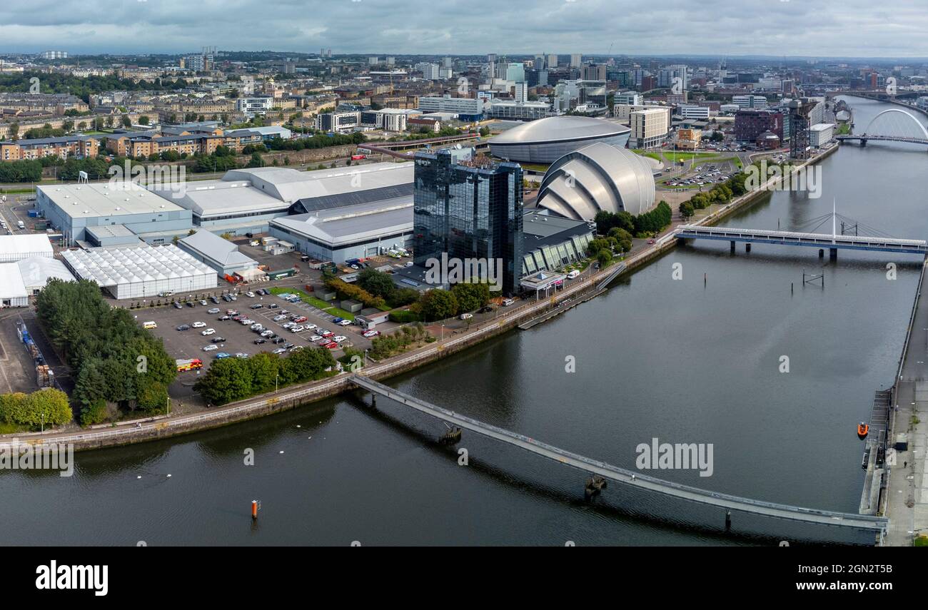 Glasgow, 20 settembre 2021. Viste aeree del sito della conferenza internazionale sul cambiamento climatico COP26 e del vertice che si terrà a Glasgow Foto Stock