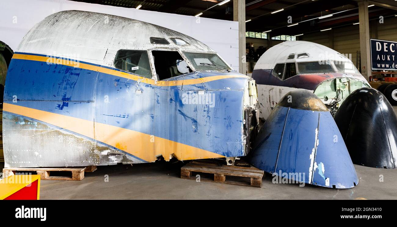 Amburgo, Germania. 22 settembre 2021. Gli scarafaggi di due Boeing 707 si trovano in un magazzino. I componenti e gli articoli del collettore da questi due velivoli saranno venduti ad un'asta in linea a partire da settembre 24. Credit: Markus Scholz/dpa/Alamy Live News Foto Stock