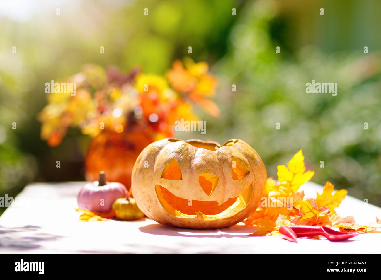 Halloween decorazione domestica, scultura in zucca. Lanterna jack-o-lanterna. Decorazioni autunnali tradizionali con grandi finestre soleggiate. Foto Stock
