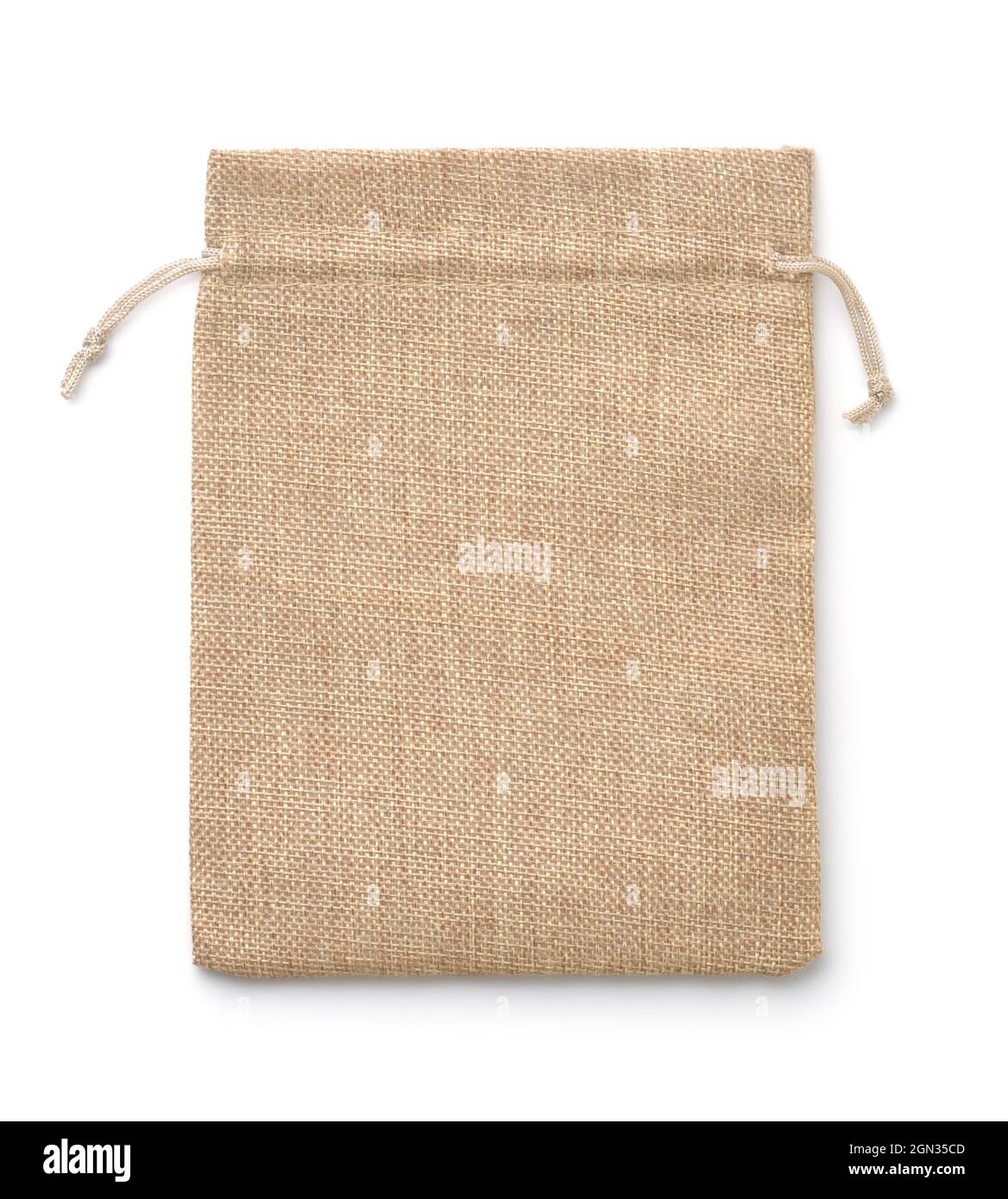 Vista frontale della borsa regalo vuota con lacci e lacci isolati su bianco Foto Stock