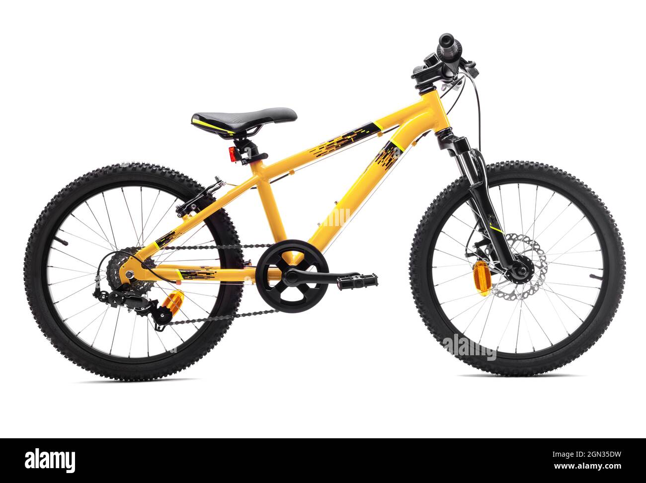 Sport mountain bike giallo isolato su sfondo bianco Foto Stock