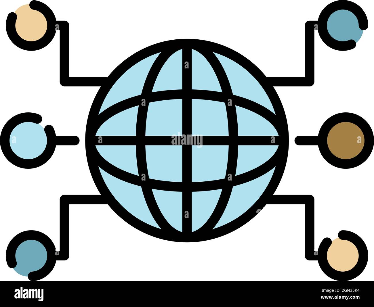 Icona del globo e dei siti remoti. Contorno globo e siti remoti icona vettoriale colore piatto isolato Illustrazione Vettoriale