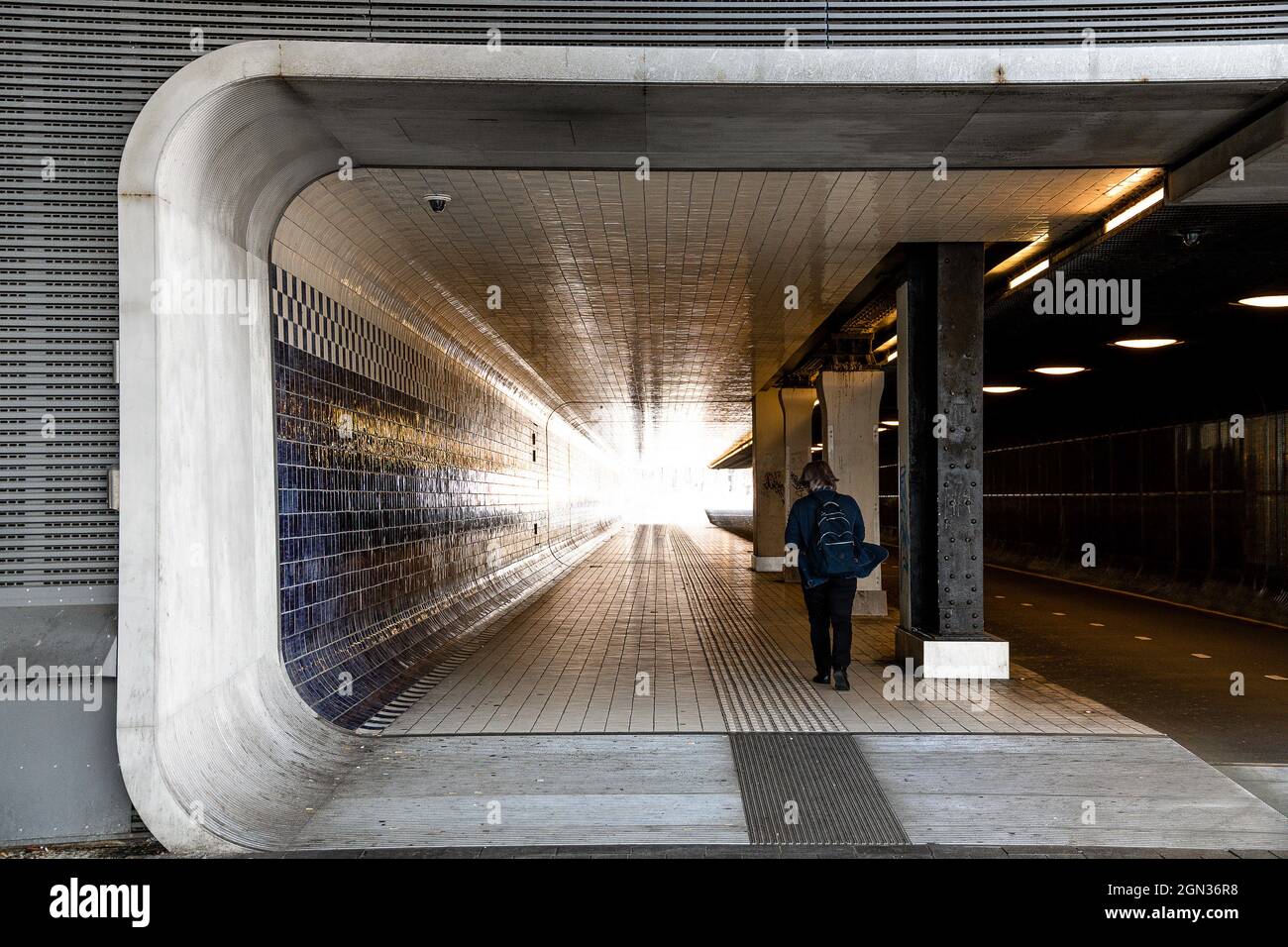 Indietro Visualizza tutto il corpo di anonimo pedone a piedi su passaggio piastrellato vicino asfalto strada sotto le lampade Foto Stock