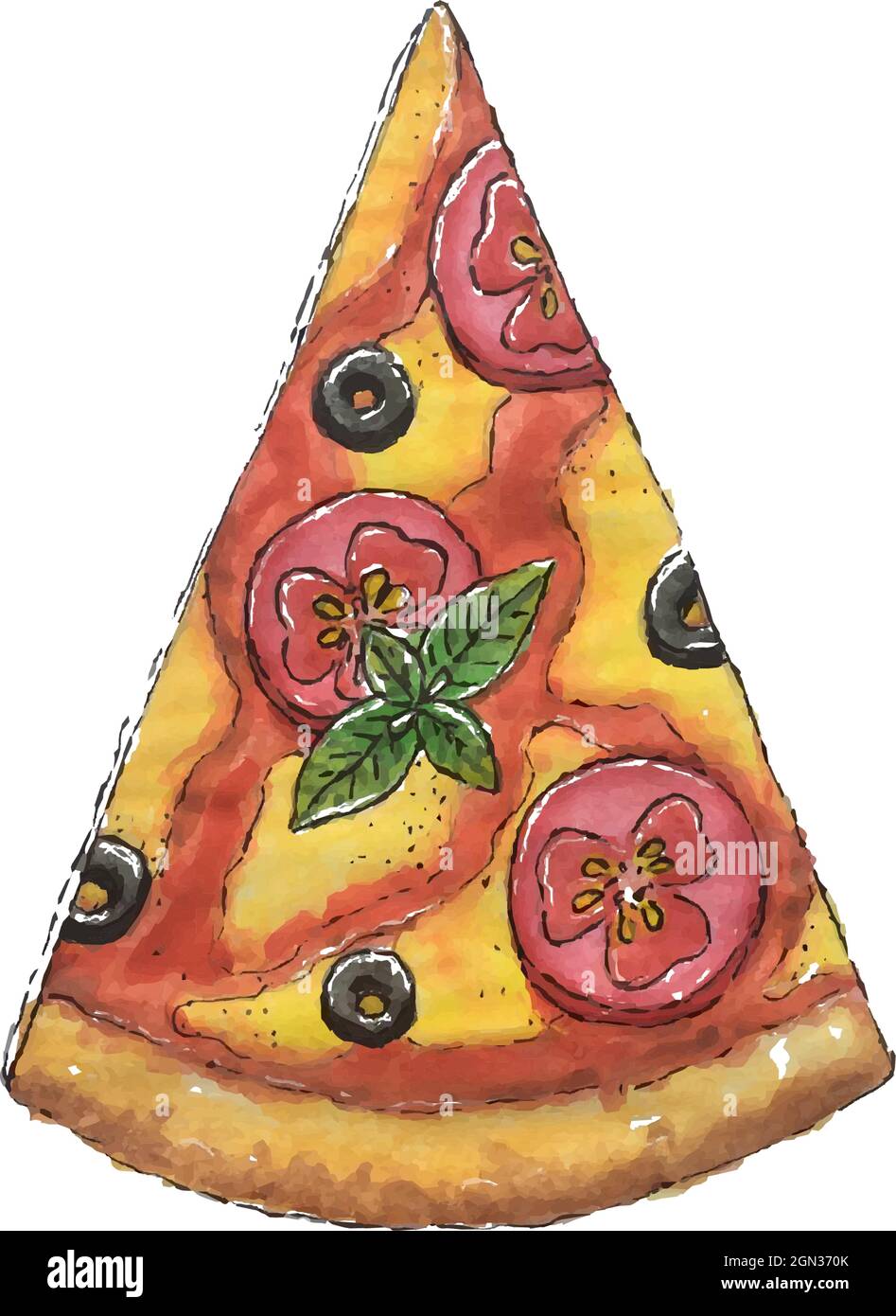 Fetta di pizza, pezzo di pizza, pomodoro, formaggio, olive, basilico, impasto, ketchup, disegno acquerello. Illustrazione vettoriale Illustrazione Vettoriale