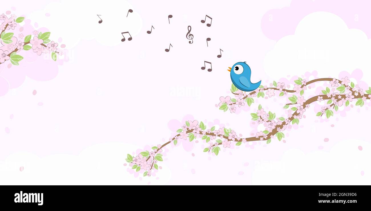 file vettoriale eps con uccello blu in amore, seduto su rami con fiori e foglie verdi in primavera, canti con note musicali, backgro Illustrazione Vettoriale
