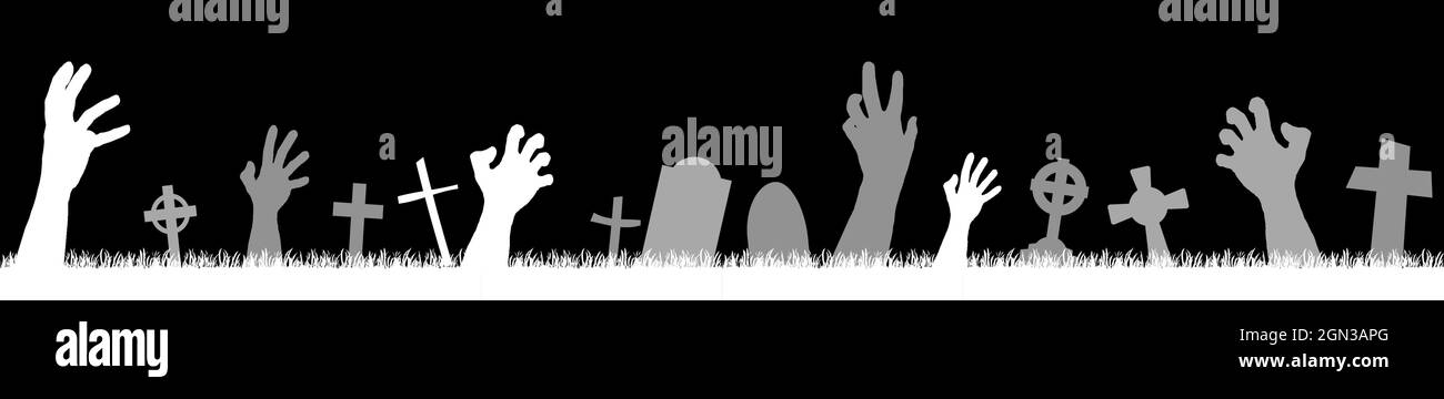 EPS 10 file vettoriale silhouette senza giunture con le mani spaventose zombie e pietre di tomba per i layout di sfondo di Halloween Illustrazione Vettoriale