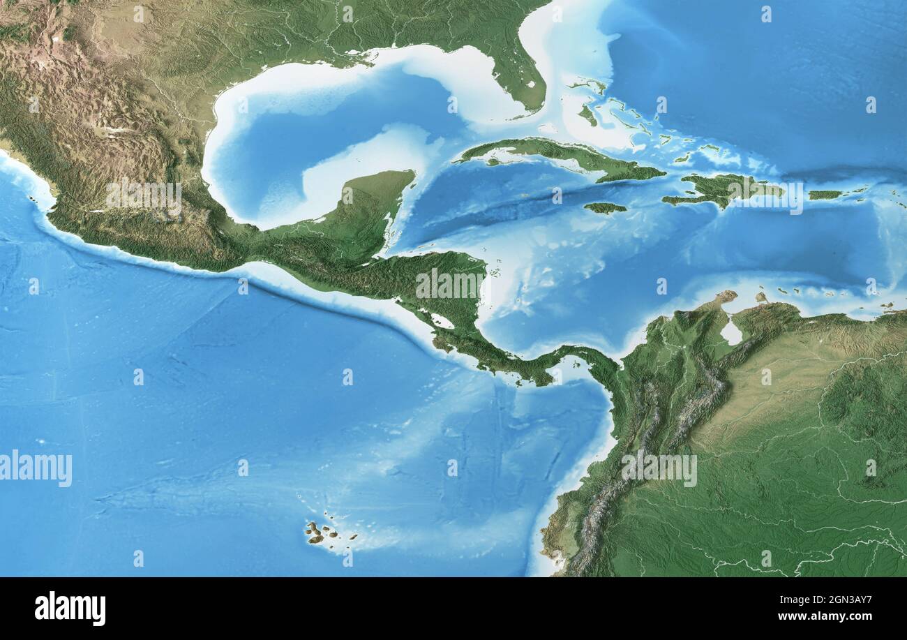 Mappa fisica dell'America Centrale e dei Caraibi. Vista satellite appiattita del pianeta Terra e della sua topografia. Elementi forniti dalla NASA Foto Stock