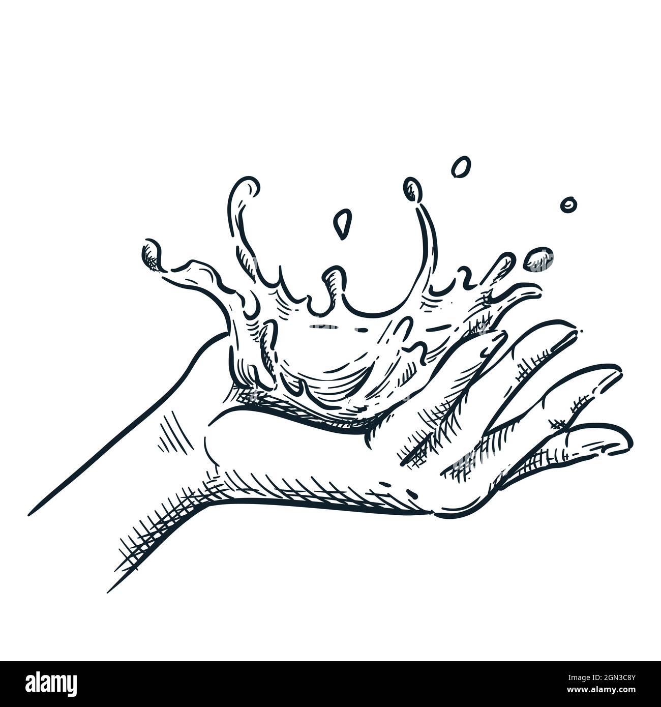 Spruzzi d'acqua pulita sulle mani. Illustrazione dello schizzo disegnata a mano vettoriale. Cura della pelle e trattamenti spa elemento di design. Illustrazione Vettoriale