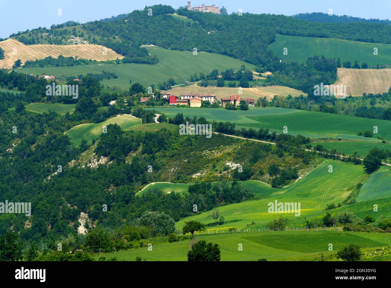 Paesaggio rurale primaverile in Piemonte vicino a Brignano e Serra del Monte, provincia di Alessandria, Piemonte, Italia Foto Stock