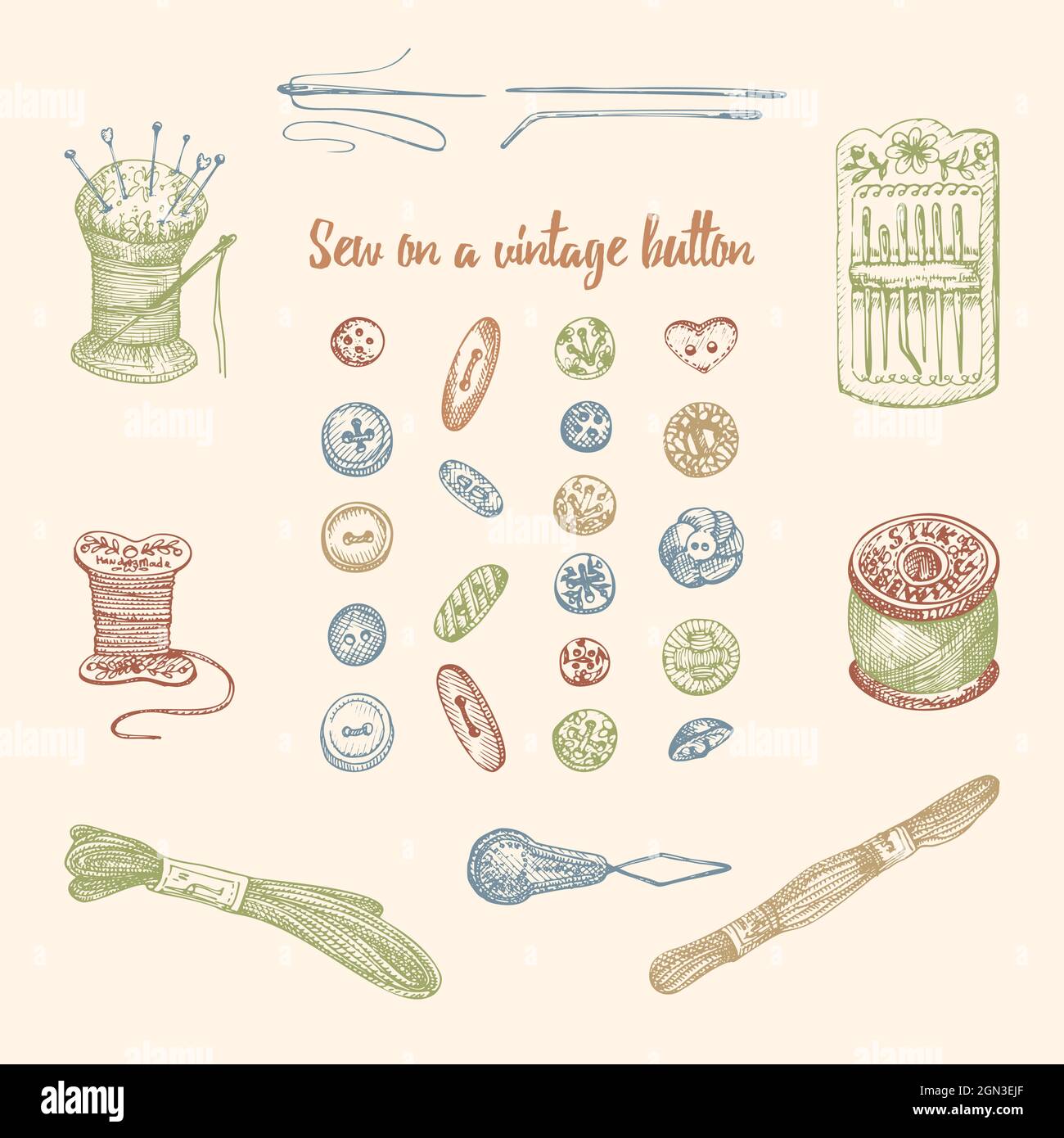 Set di strumenti da cucire vintage disegnati a mano. Bottoni, aghi, filo di  seta, fili per ricamo, tampone per aghi, Spool stile di incisione dello  schizzo. Elementi per Immagine e Vettoriale -
