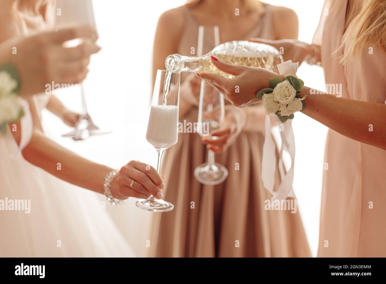 Donne irriconoscibili con abiti da cerimonia pieni di champagne. Alta società. Concetto di celebrazione, celebrazione, matrimonio. Foto di alta qualità Foto Stock