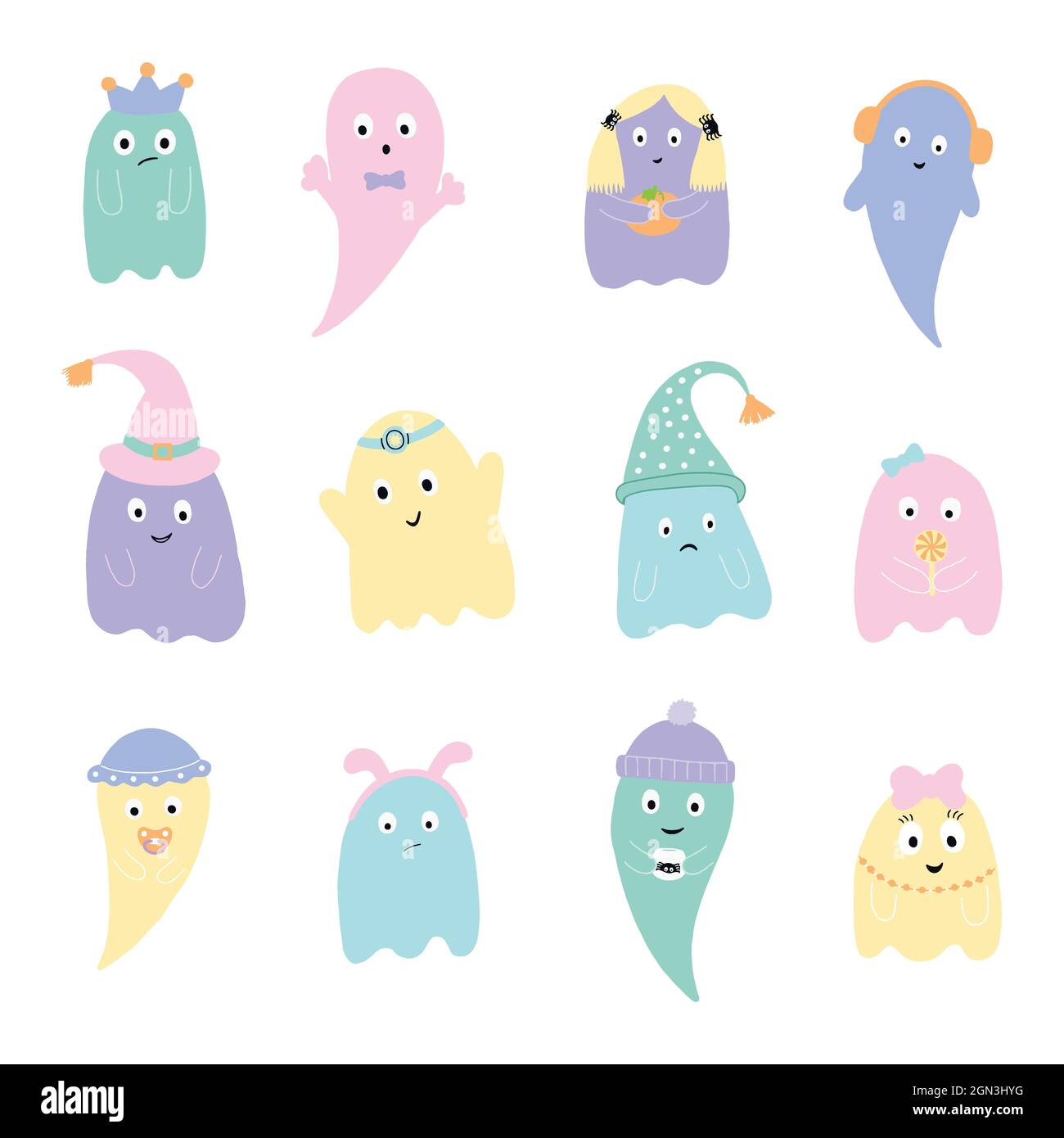 Carino fantasmi cartoon di Halloween, colori pastello. Set vettoriale. Illustrazione Vettoriale