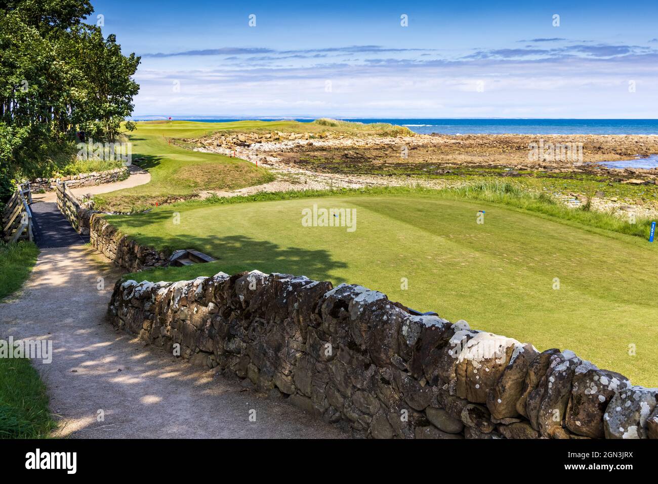 Rocky Ness, la quindicesima buca a Kingsbarns Golf Links, situato sulla splendida costa orientale di Fife, Scozia. Foto Stock