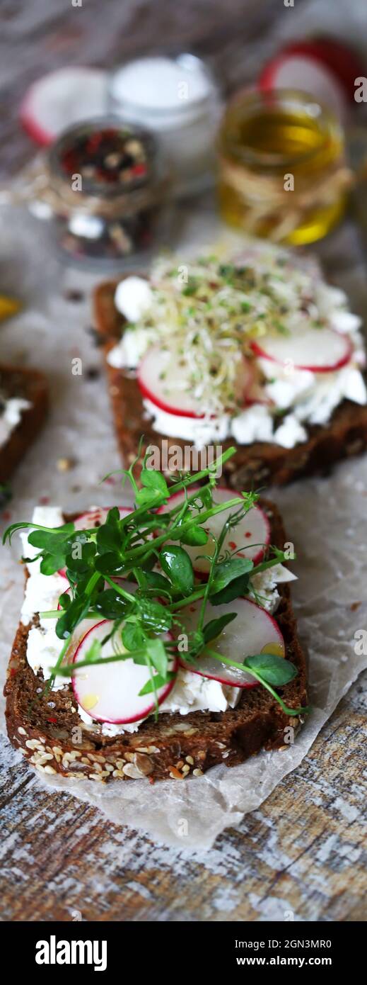 Toast sani con ravanello di formaggio bianco e microgreens. Dieta Keto. Il cheto tosta. Cibo biologico. Cibo eccellente. Foto Stock