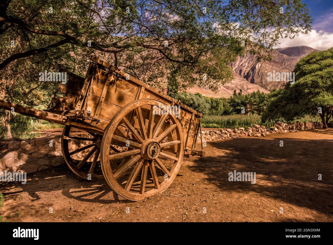 Grande e vecchio carretto di legno trainato da cavalli in un paesaggio di montagna a Jujuy, Argentina. Quebrada de Humahuaca Foto Stock
