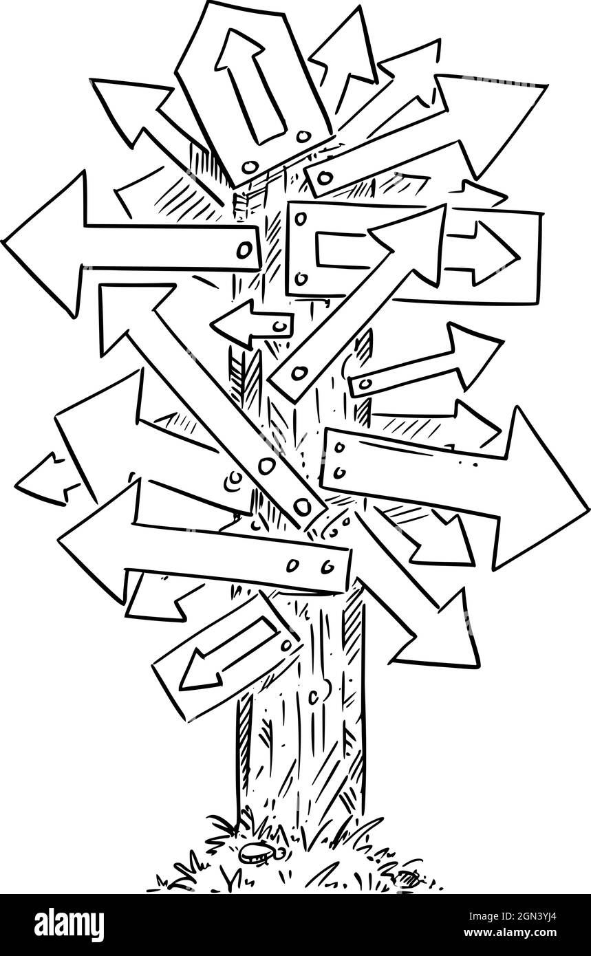 Confusione Signpost con molte frecce, decidere e scegliere il modo giusto , Illustrazione Cartoon vettore Illustrazione Vettoriale