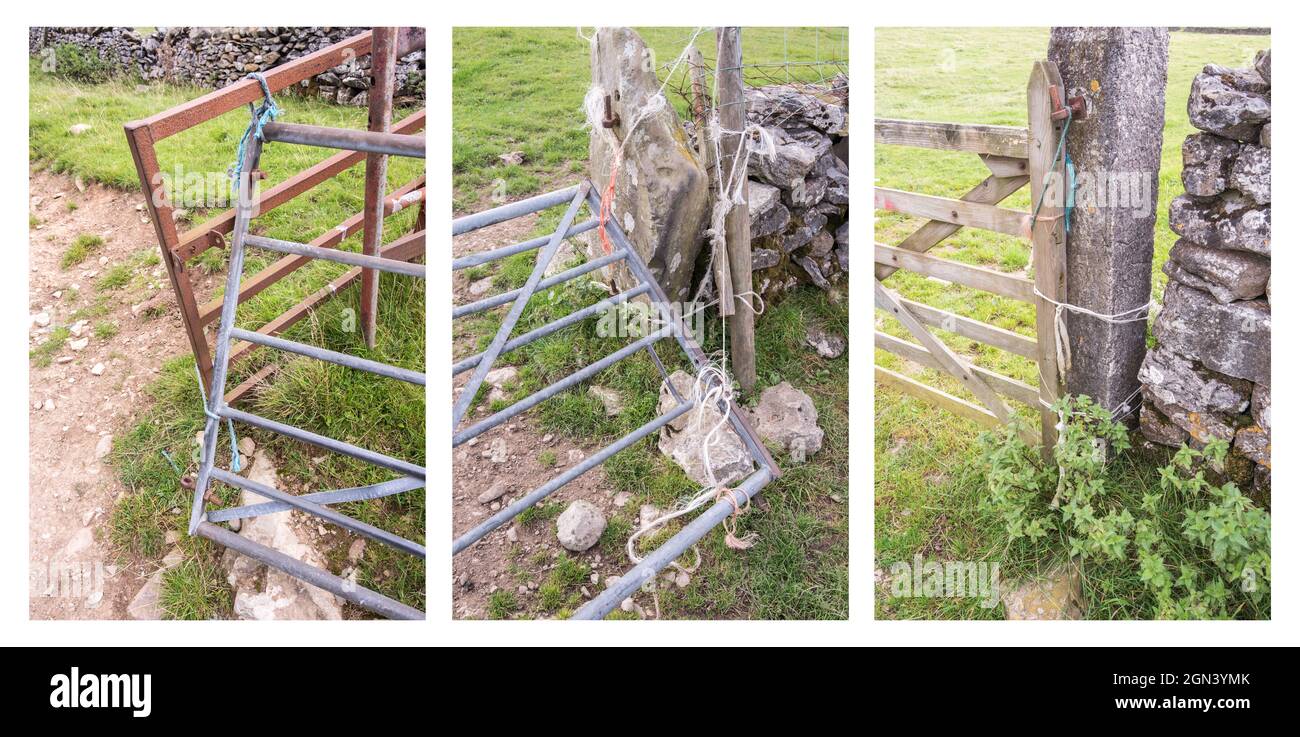 Improvvisazione e allestimenti improvvisati utilizzando lo spago dell'imballatrice a scopo di riparazione. Lo spago dell'imballatrice viene spesso utilizzato come interruzione e per evitare sia il lavoro che le spese. Foto Stock