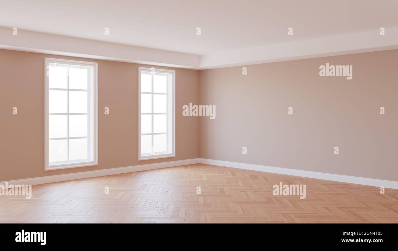 Angolo interno con pareti beige, pavimento in parquet, due grandi finestre bianche e un Plinth bianco con percorso di lavoro su finestre. rendering 3d. Ultra HD 8K Foto Stock