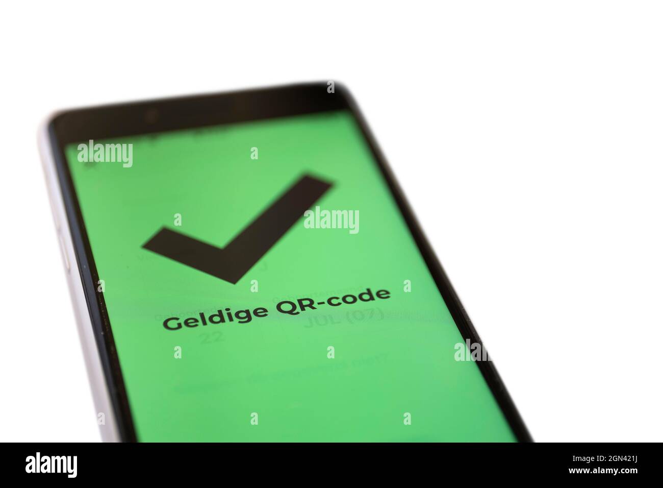 Il testo olandese "codice QR valido" sullo schermo verde di uno smartphone indica che il visitatore è stato vaccinato o è stato provato negativo. Isolato su bianco Foto Stock
