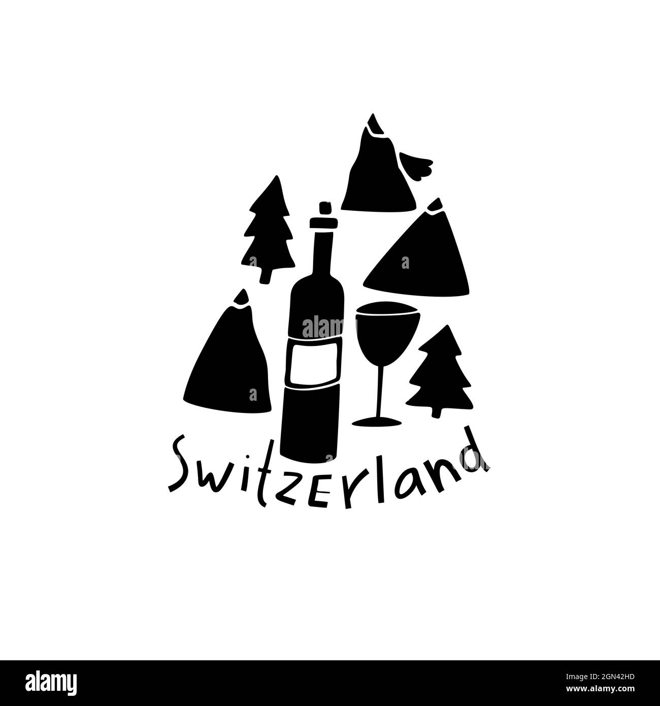 Vettore simboli disegnati a mano della Svizzera. Illustrazione di viaggio. Logo Swiss Landmark Illustrazione Vettoriale