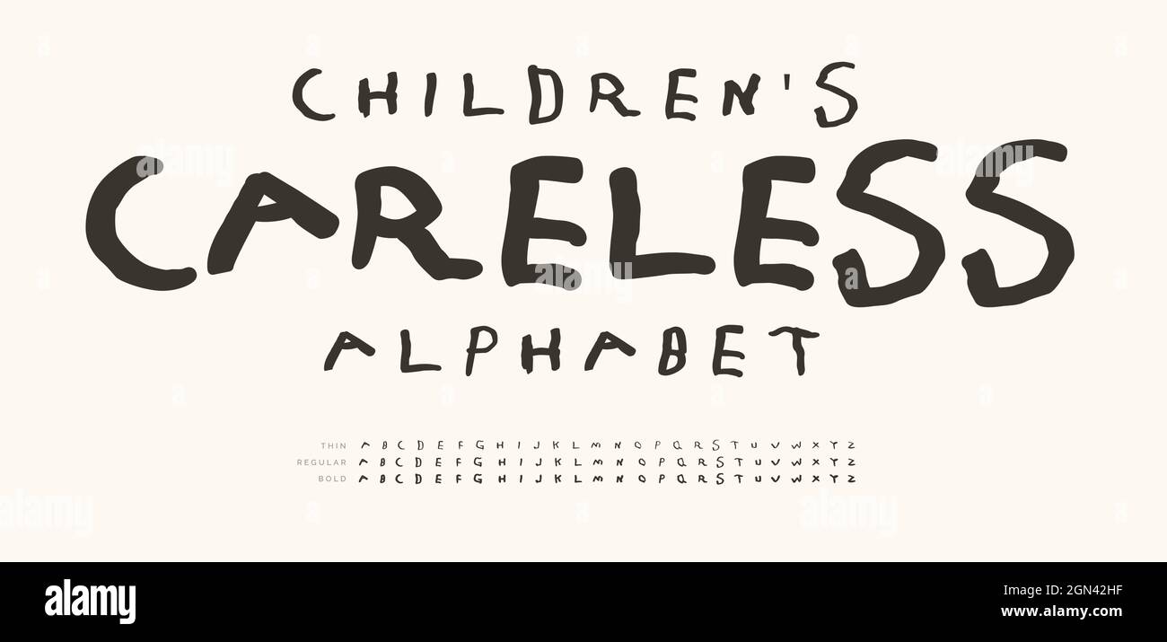 Alfabeto infaticabile per i bambini, lettere di scarabocchio disegnate a mano, carattere di linea di marcatura. Set di lettere di divertimento per bambini logo, arte bambino, giochi tipografici infantile Illustrazione Vettoriale