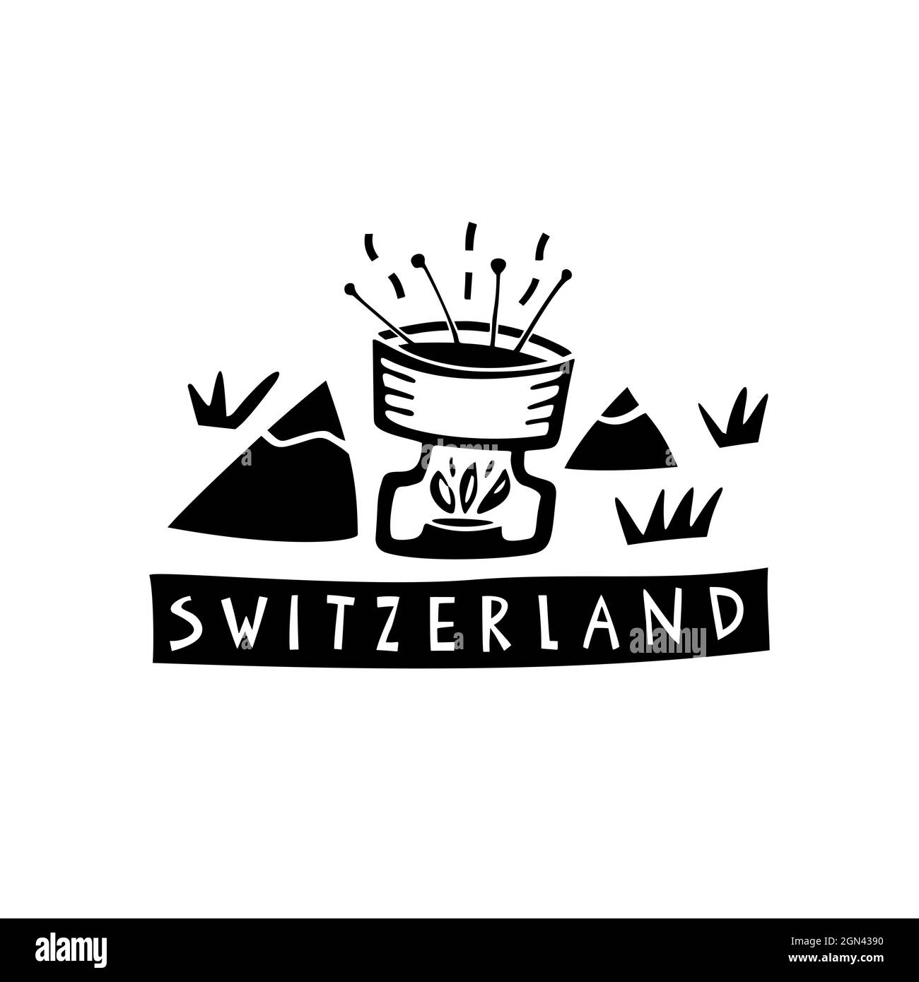 Vettore simboli disegnati a mano della Svizzera. Illustrazione di viaggio. Logo Swiss Landmark Illustrazione Vettoriale