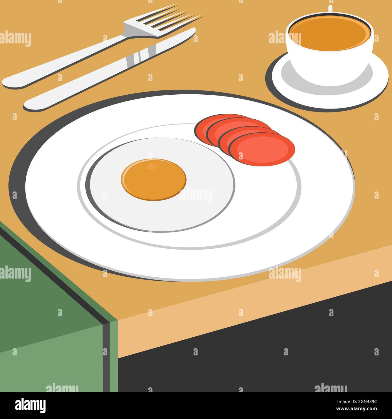 Illustrazione del disegno vettoriale delle uova fritte e della tazza di caffè in stile retrò Illustrazione Vettoriale