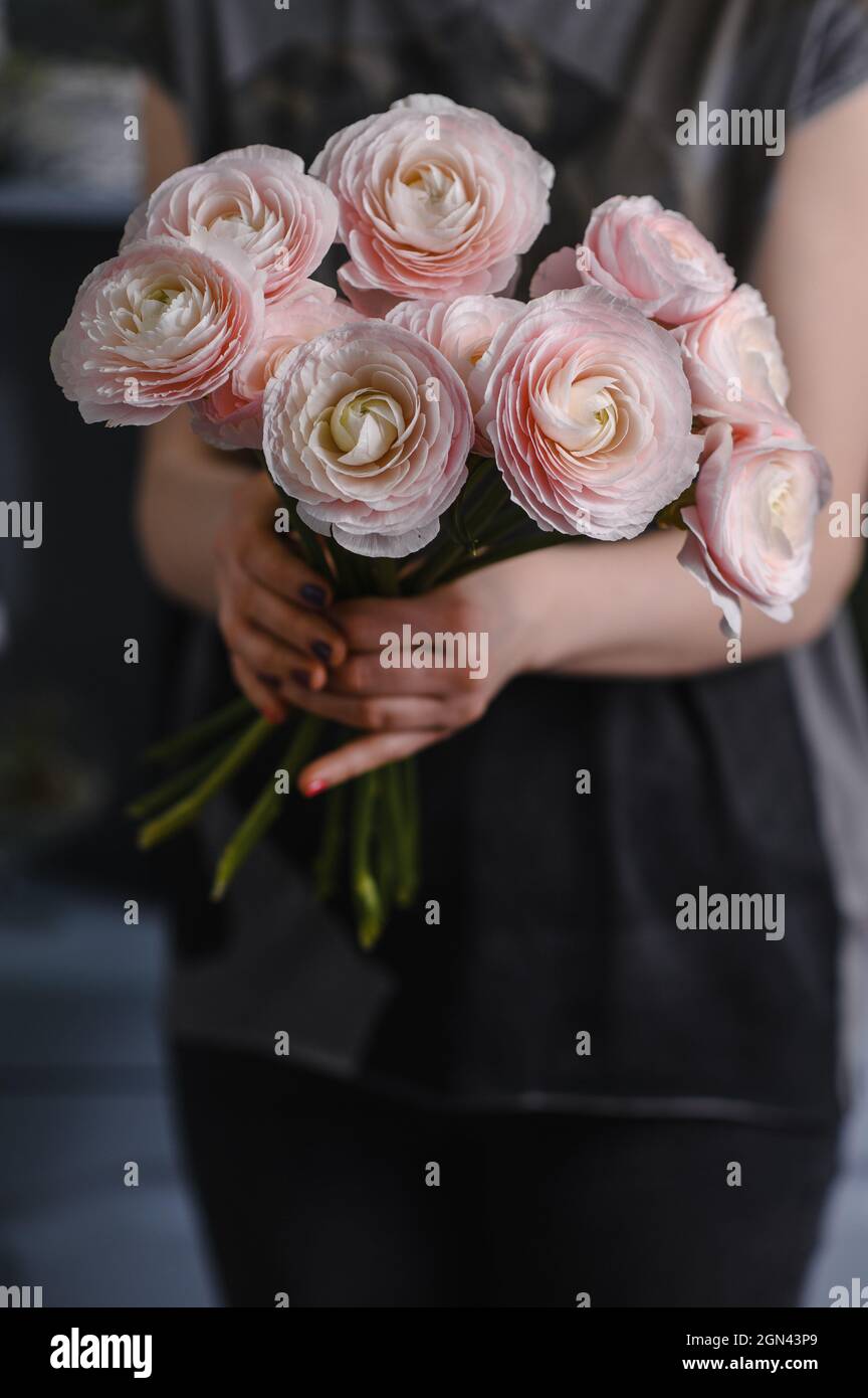 Coppa persiana. Mazzo di fiori rosa pallido ranunculus Foto Stock
