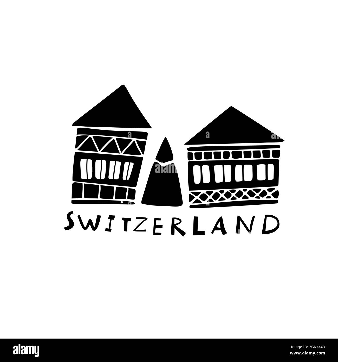Vettore simboli disegnati a mano della Svizzera. Illustrazione di viaggio. Logo Swiss Landmark Illustrazione Vettoriale