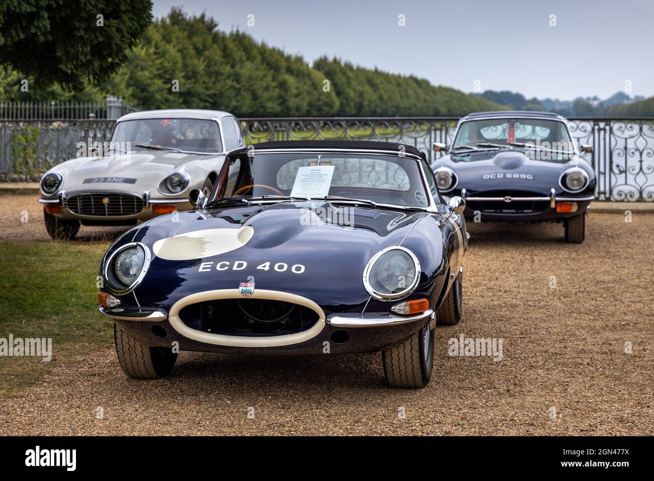 Classic Jaguar e-Type Cars al Concours of Elegance 2021, Hampton Court Palace, Londra, Regno Unito Foto Stock