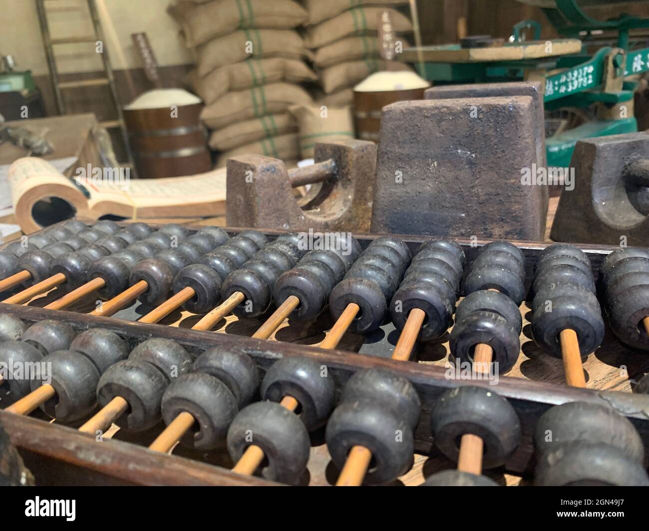 Abacus cinese nel negozio di riso Foto Stock