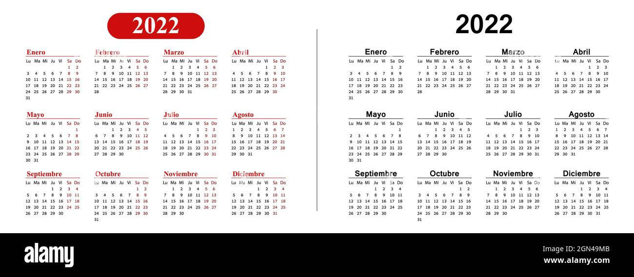 Orizzontale semplice calendario nero e rosso su 2022 anni, in spagnolo. Illustrazione Vettoriale