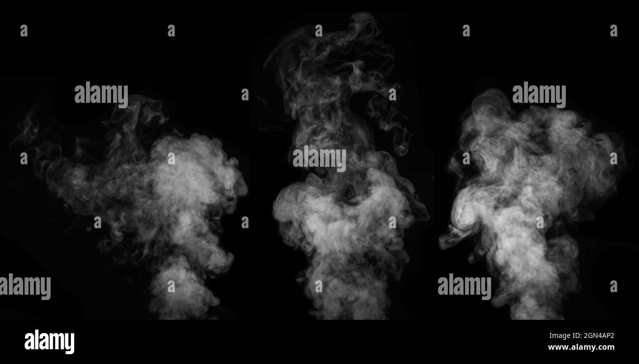 Una serie di tre diversi fumi bianchi, fumo su uno sfondo nero per aggiungere alle foto. Perfetto fumo, vapore, fragranza, incenso per le tue foto. C Foto Stock