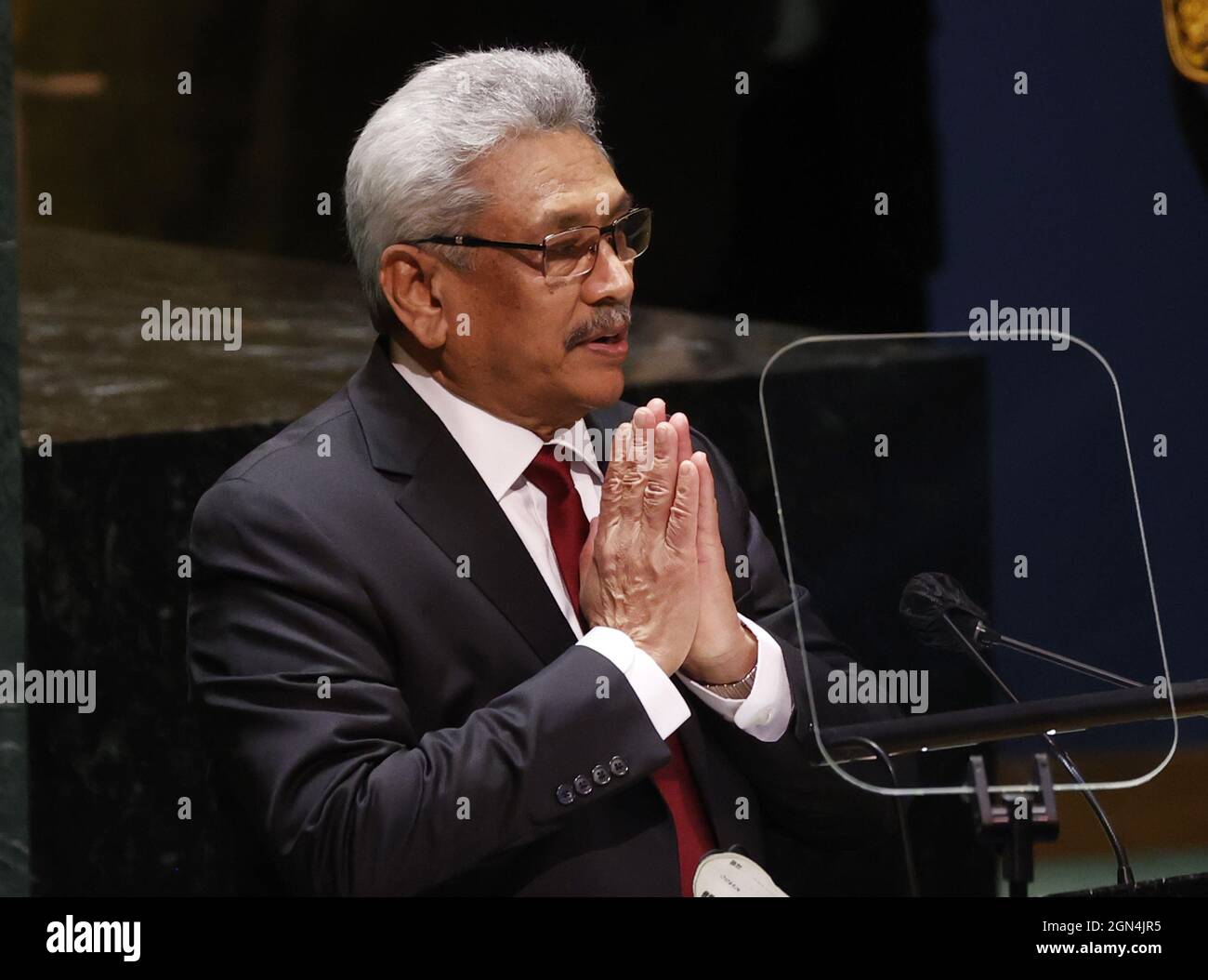 New York, Stati Uniti. 22 settembre 2021. Il Presidente dello Sri Lanka Gotabaya Rajapaksa parla alla 76a sessione dell'Assemblea Generale delle Nazioni Unite dibattito generale nella Sala dell'Assemblea Generale delle Nazioni Unite, mercoledì 22 settembre 2021 a New York City. Foto di John Angelillo/UPI Credit: UPI/Alamy Live News Foto Stock